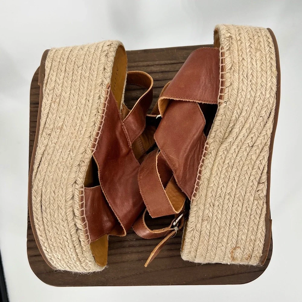 Alohas Vegas Camel Leather Platform Espadrille Sandals Brown Wedge Spain US 10